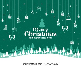 Merry Christmas title with hanging Christmas ornaments and falling snow green background