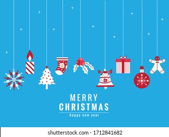 Merry Christmas title with hanging Christmas ornaments and falling snow blue background
