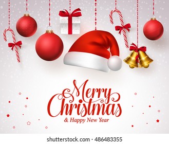 Merry christmas title in red with hanging christmas ornaments like santa hat, balls, gifts, bells and candies in a white snow background
