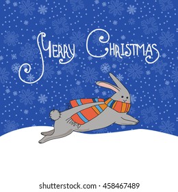 Merry Christmas title. Running rabbit in a scarf. Vector illustration