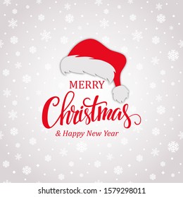 Merry christmas title with Santa hat in a white snow background