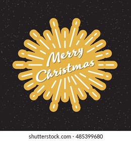 Merry Christmas title typographic firework greeting card design. Holiday graphic vector text illustration for xmas logo, labels, postcards, invitations. Black background with burst and snowflakes
