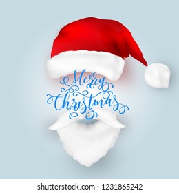 Merry christmas title typography vector concept with christmas hat and santa white beard. Vector illustration