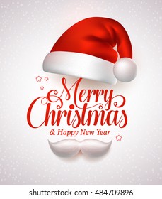 Merry christmas title typography vector concept in red with christmas hat and santa white beard in a white snow background. Vector illustration
