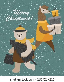 Merry Christmas together with cute animals.
Postcard teddy bear and lama go with purchases on a green background
Christmas shopping set for New Year 2021.
Vector illustration