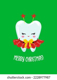 Merry Christmas - Tooth fairy character design in kawaii style. Hand drawn Toothfairy with funny quote. Good for school prevention posters, greeting cards, banners, textiles.