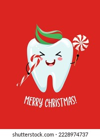 Merry Christmas - Tooth family character design in kawaii style. Hand drawn Toothfairy with funny quote. Good for school prevention posters, greeting cards, banners, textiles.