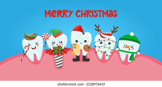 Merry Christmas - Tooth team characters in kawaii style. Hand drawn teeth with funny clothes. Good for school prevention poster, greeting card, banner, textile.