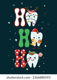 Merry Christmas - Tooth team characters in kawaii style. Hand drawn teeth with funny clothes. Good for school prevention poster, greeting card, banner, textile.