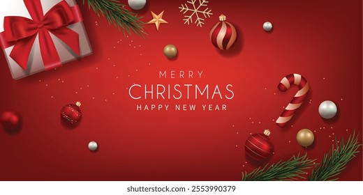 Merry Christmas Top View Banner with Christmas Elements . Vector illustration.	
