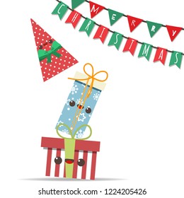 Merry Christmas with tower of cute cartoon character Gift boxs and party flag. Vector illustration.