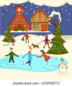 Merry Christmas town celebration, people having fun outdoors vector. Skating rink with couple skiing together children with sledges, woman walking dog. Decorated evergreen trees, snowman with bucket