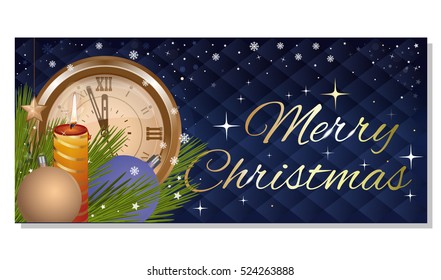 Merry Christmas. Christmas toys, clock, falling snow and burning candle against the night winter sky. New Year. Vector horizontal banner