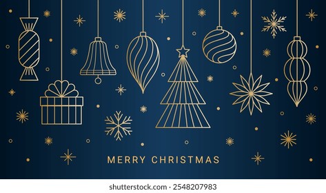 Merry Christmas toys line art design composition. Gold linear hanging ball, bell, fir tree, gift box, candy in a wrapper, snowflakes decorations on the dark blue background. EPS 10 vector banner