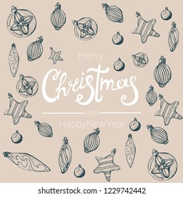 merry Christmas, Christmas toys on light background, hand drawing vector
