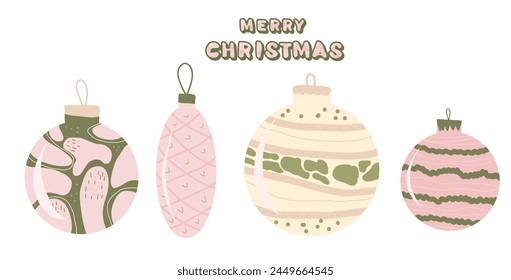 Merry Christmas toys set isolated. Festive holiday hand drawn symbols. Happy New Year ornaments glass balls. Vector winter flat illustration.