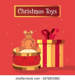 merry christmas toys tedddy bear on drum and gift design, winter season and decoration theme Vector illustration