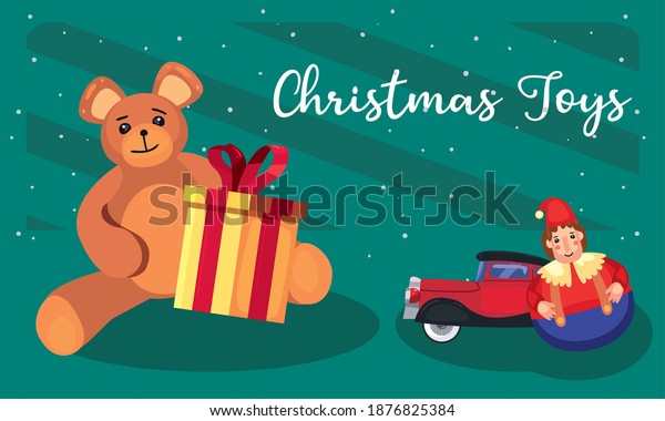 merry christmas toys\
teddy with gift and car design, winter season and decoration theme\
Vector illustration