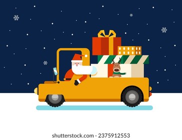 Merry Christmas traditional festival background decorative with Santa Claus and gift box in car. Design element can be used for greeting card, postcard, backdrop, brochure, vector illustration