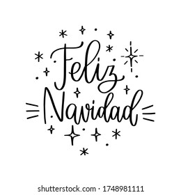 Merry Christmas traditional greeting vector design with twinkle star and snowflakes. Spanish calligraphy text for winter holiday card, banner or gift decoration.