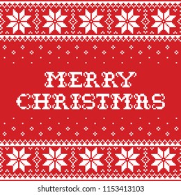 
Merry Christmas traditional seamless vector pattern or greeting card - Scandinavian knnitting, cross-stitch style. Nordic retro Xmas repetitive background in red and white with snowflakes and text