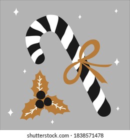 Merry Christmas traditional sweet gift candy cane with a bow and beside it lies mistletoe on a white background and gold, silver, black colors in scandinavian hand drawn style. Vector illustration