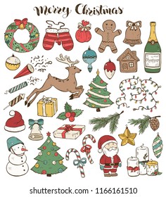 Merry Christmas traditional symbols in doodle style isolated on white background. Vector illustration of New Year attributes. Santa, deer, gingerbread, Christmas tree etc. Happy New Year sketches.