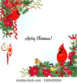 Merry Christmas traditional wreath of spruce, with vintage decoration, red ribbon and winter birds. Template for greeting card, banner, gift voucher. Colored vector illustration.	