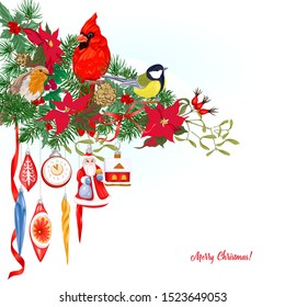 Merry Christmas traditional wreath of spruce, with vintage decoration, red ribbon and winter birds. Template for greeting card, banner, gift voucher. Colored vector illustration.	