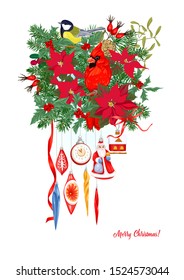 Merry Christmas traditional wreath of spruce, with vintage decoration, red ribbon and winter birds. Template for greeting card, banner, gift voucher. Colored vector illustration.	