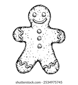 Merry Christmas treat, gingerbread man with icing. New Year vector illustration hand drawn with ink. Symbol of winter mood. New Year sweetness for bakery packaging, printing, gifts and handicrafts.