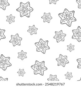 Merry Christmas treat, gingerbread snowflake with icing. Vector hand drawn seamless pattern with ink. Symbol of winter mood. New Year sweetness for bakery packaging, printing, gifts and handicrafts.