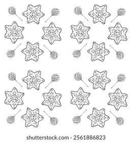 Merry Christmas treat, gingerbread snowflake with icing, lollipop, candy. Vector hand drawn seamless pattern with ink. Symbol of winter mood. New Year sweetness for bakery packaging, printing, gifts