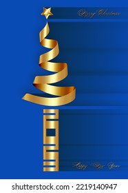 Merry Christmas tree and 2023 new year greeting card with stylized bright gold ribbon Christmas tree and star, copy space. Vector illustration isolated on blue background 