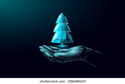 Feliz objeto 3D del árbol de Navidad. Decoración de tarjetas de felicitación navideña concepto de silueta de árbol de Navidad. Diseño de madera de bosque Fir ilustración vectorial de neón oscuro