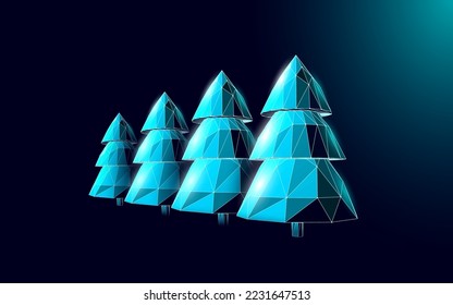 Merry Christmas tree 3D object. Holiday greeting card decoration Christmas tree silhouette concept. Fir forest wood design dark neon vector illustration