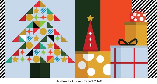 Merry Christmas with Christmas tree background vector. Winter season wallpaper with christmas ,geometric shapes, gift. Luxury design for greeting cards, ads, cover, banner, invitation.