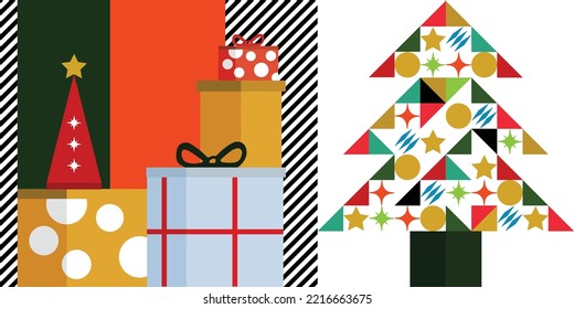 Merry Christmas with Christmas tree background vector. Winter season wallpaper with christmas ,geometric shapes, gift. Luxury design for greeting cards, ads, cover, banner, invitation.