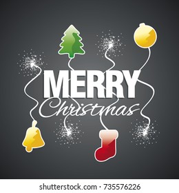 Merry Christmas tree ball bell stocking spark firework black vector