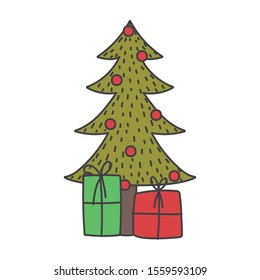merry christmas tree with balls and gift boxes celebration vector illustration