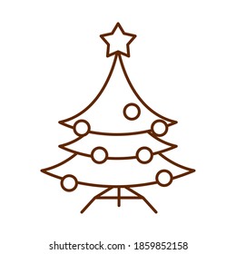 merry christmas, tree with balls and star decoration vector illustration cartoon line icon