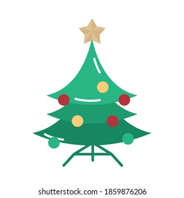 merry christmas, tree with balls and star decoration vector illustration cartoon flat icon