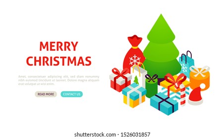 Merry Christmas Tree Banner. Vector Illustration of Winter Holiday Isometry.
