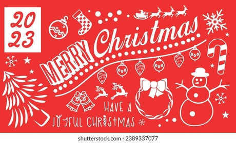 Merry christmas tree bells snow reindeer with decorative element on Red background. christmas card design with festive characters illustration