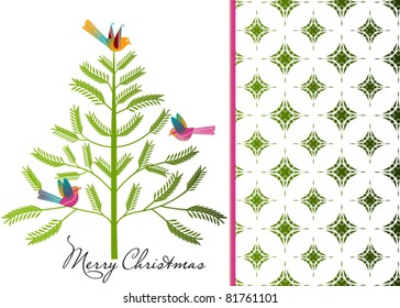 Merry Christmas Tree birds with full background pattern