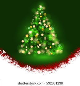 Merry christmas tree bokeh and snow leaf on background. Vector illustration.