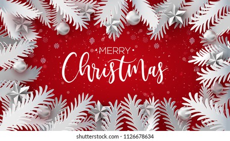 Merry Christmas Tree Branches Border with snowflakes. Vector Illustration. Paper art cut out fir tree branches around calligraphy greetings. Retro styled holiday banner