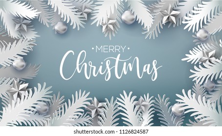 Merry Christmas Tree Branches Border decorated holidays balls and stars. Vector Illustration. Paper art cut out branches around calligraphy greetings. Retro styled web banner, poster, card