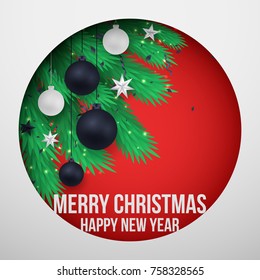 Merry Christmas tree branches elegant luxury design with balls, star. Vector illustration, 2018 Happy New Year background. Black, red, pink christmas balls. Tree concept. Isolated on background. EPS10