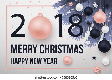 Merry Christmas tree branches elegant luxury design with balls, star. Vector illustration, 2018 Happy New Year background. Black, red, pink christmas balls. Tree concept. Isolated on background. EPS10